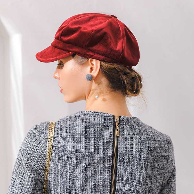 

Berets Velvet Women Beret Autumn Winter Octagonal Cap Hats Stylish Artist Painter Sboy Caps Black Red M154