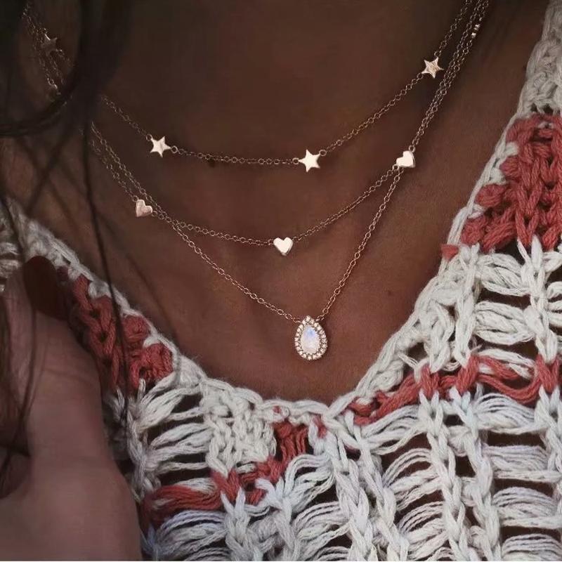 

1 PCS Fashion Bohemian Multilayer Metal Moon Star Waterdrop Shape Tassel Choker Link Chain Pendant Necklaces For Women Jewelry