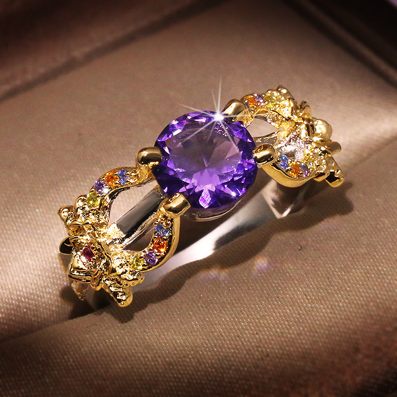 

Fashion Purple18KRGP Gold Flower 1.5ct Cz Pave Cz Austria Crystal Ring for Women Engagement Wedding Jewelry Size Hollow Out Gift