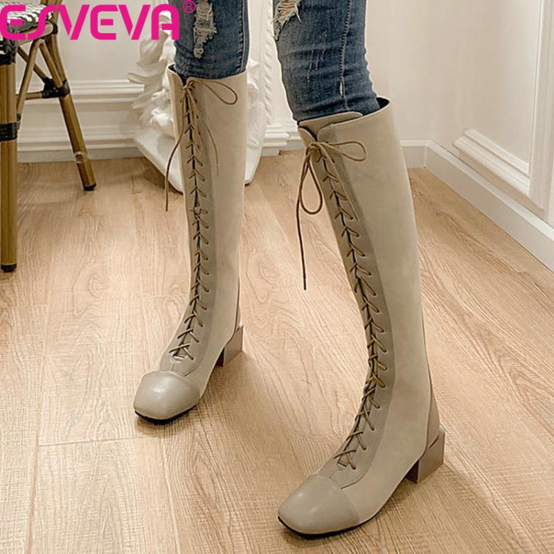 

ESVEVA 2020 New Autumn Winter Patchwork Scrub PU Leather Women Shoes Square Heel Lace Up Zipper Knee High Boots Big Size 34-42, Beige