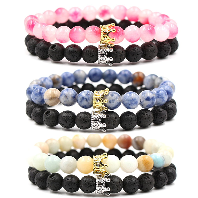 

2 pcs Set Volcanic Natural Stone Elastic Bracelet Bangle Jewelry Charm Micro Inset Zircon Crown Natural Bracelet for Women Men