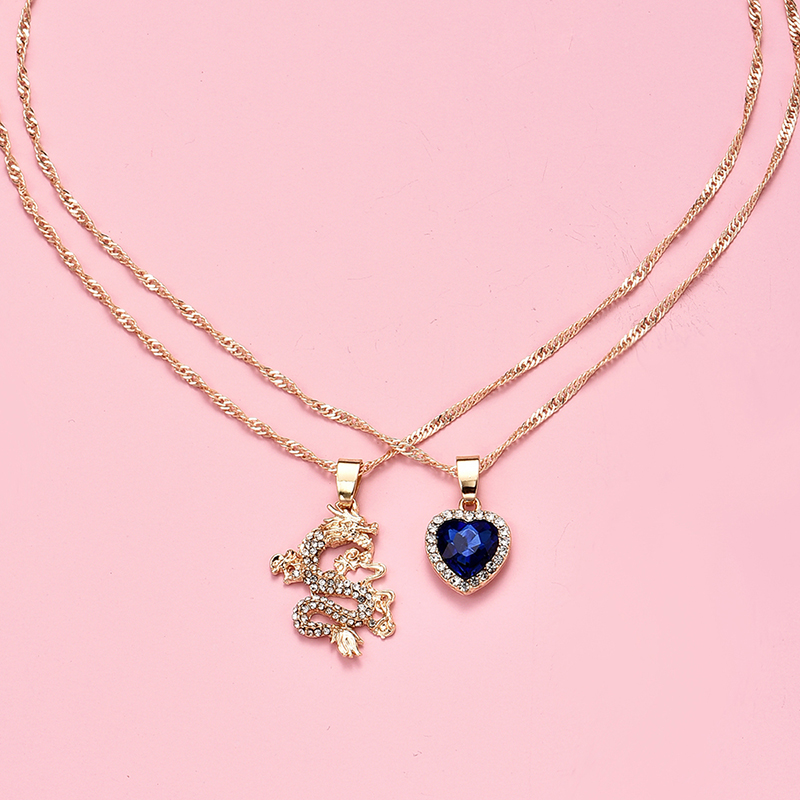 

ALYXUY 2 pcs/set Fashion Dragon Heart-shaped Blue Color Crystal Pendant Personality Trendy Necklace Jewelry Women Girls Gift