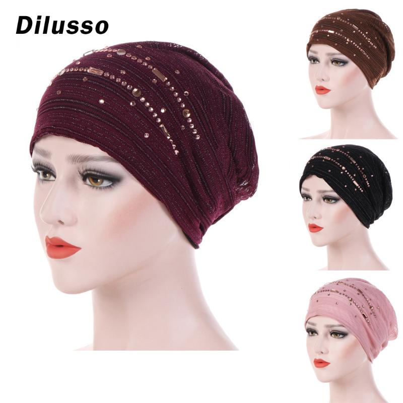 

Women Mesh Long Tube Turban Caps Muslim Wrap Head solid bling soft female autumn winter fashion caps hats, Black