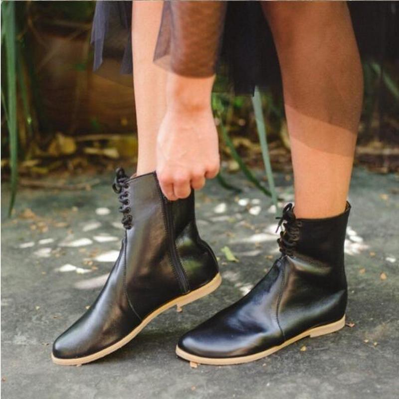 

women ankle boots low heels chaussure vintage PU leather plus size autumn warm lace up shoes woman zapatos mujer sapato D2079, Black