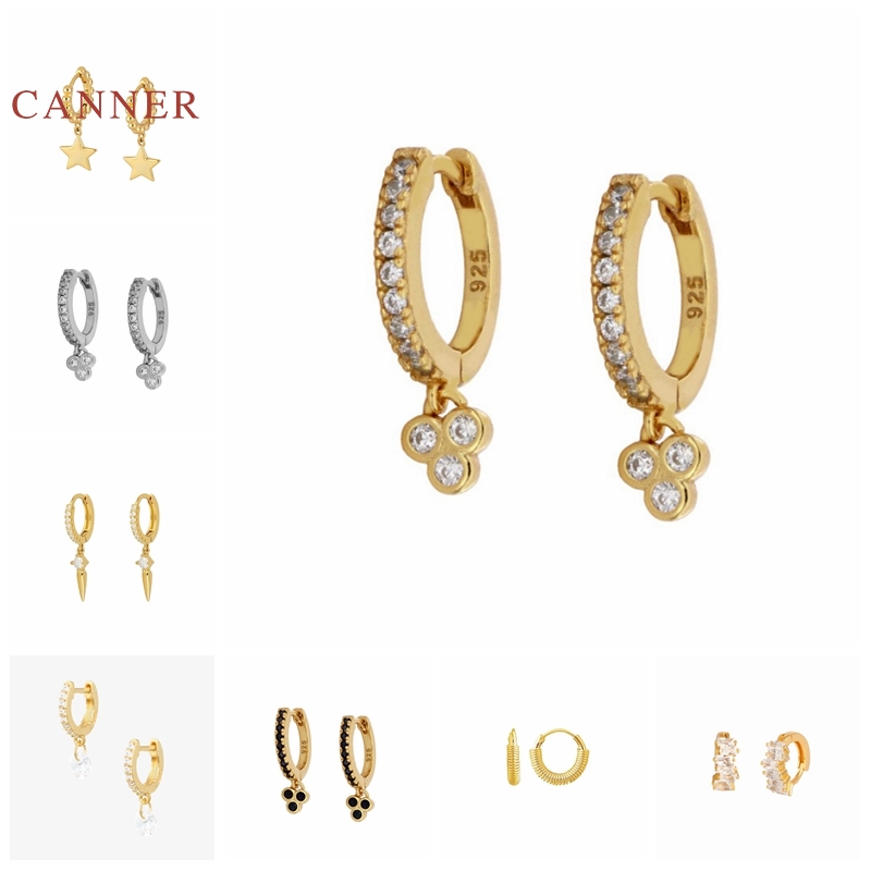 

CANNER Real 925 Sterling Silver Earrings For Women Spring Curve Cross Flower Star Earrings Hoops Zircon Jewelry Pendientes