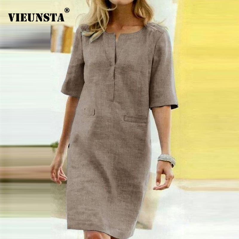 

Solid Color Autumn Cotton Linen Dress 2020 Spring Button O-Neck Knee Party Dress Women Long Sleeve Pocket Dresses Plus Size 5XL, 05black(short)