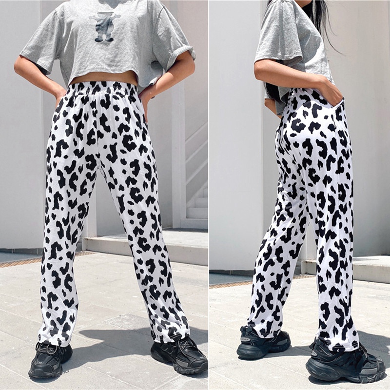 

Casual Elastic High Waist Milk Cow Print Pants Women Harajuku Streetwear Straight Loose Joggers Trousers Pants, White