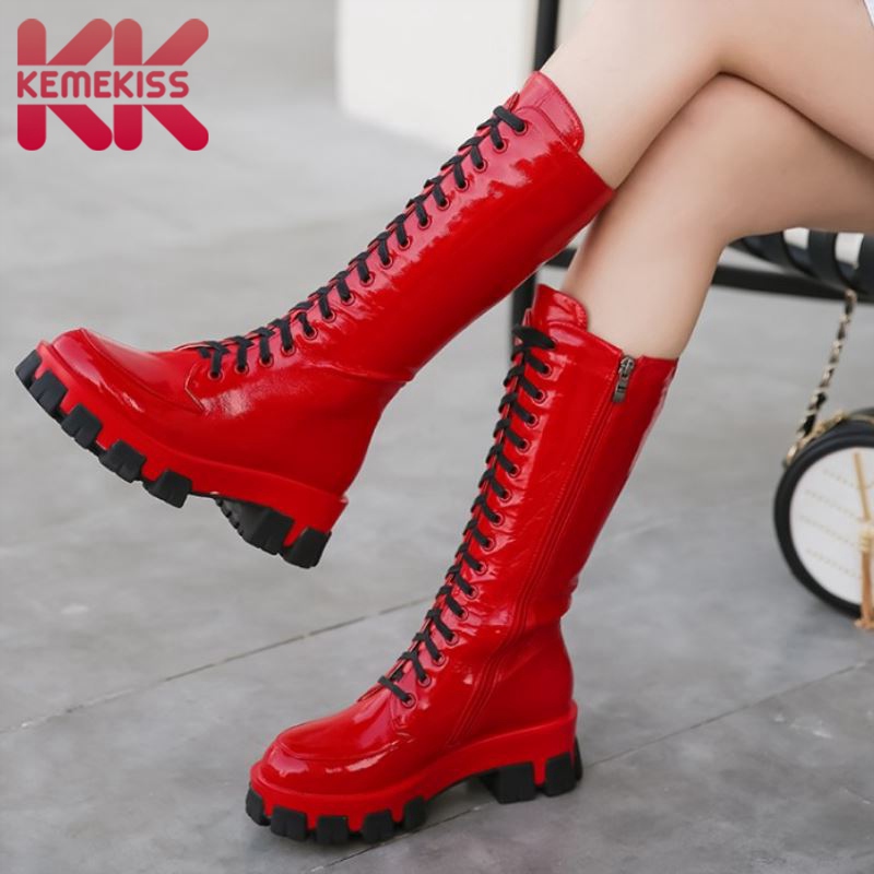 

KemeKiss New Woman Knee High Boots Thick Bottom Lace Up Woman Long Boots Cool Punk Ladies Winter Shoes Club Footwear Size 34-40, Black