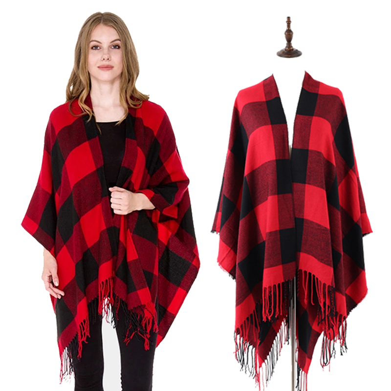 

Scarves 2021 Winter Design Women Red Plaid Blanket Poncho Cape Oversize Shawl Stole