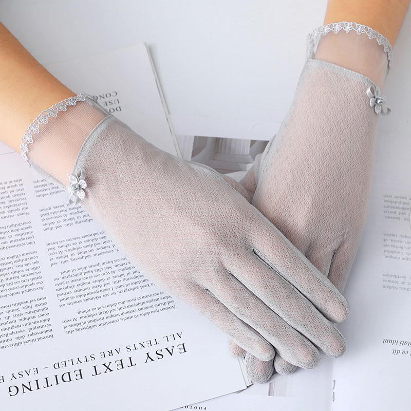 

Sexy Lace Women UV Sunscreen Short Touch Screen Gloves Summer Thin Silk Lace Pearl Flowers Viscose Driving Gloves J53