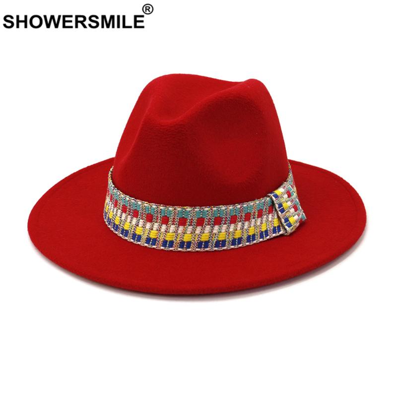 

SHOWERSMILE Red Fedora Hat Winter Panama Hat Women Elegant Ladies Felt Caps Vintage Autumn WInter Trilby Wide Brim Fedora, White