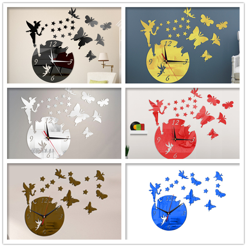 

Fairy Butterfly Wall Clock DIY Self Adhesive Acrylic Mirror Stickers Watche Modern Design Living Room Bedroom Home Decor Horloge