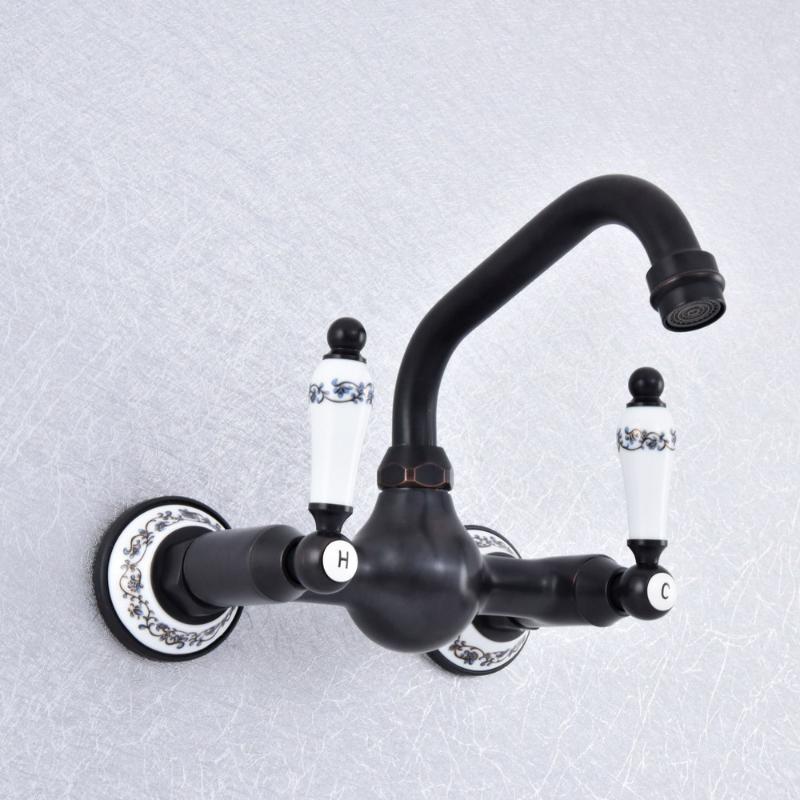 

Black Oil Rubbed Brass Bathroom Kitchen Sink Basin Faucet Mixer Tap Swivel Spout Wall Mounted Dual Ceramic Handles msf710
