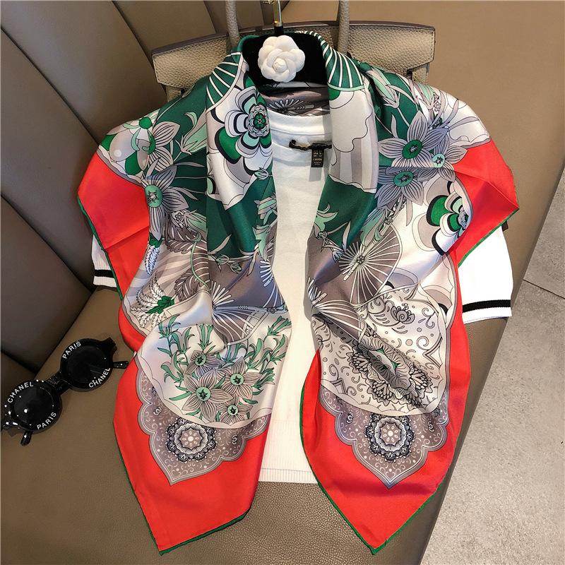 

100% Twill Silk Neck Scarves For Women Square Shawl Fashion Print Kerchief Hand Rolled Hijab Scarf 90*90cm Red Scarfs For Ladies