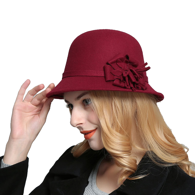 

Ladies Autumn Imitation Woolen Bowler hat Vintage Fedora Hats For Women Winter royal princess Caps 6colors flower caps, Black