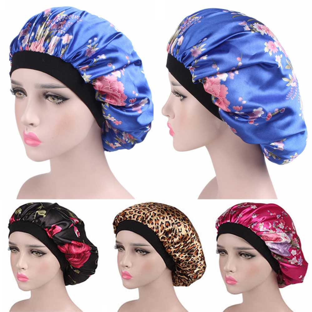 

Beanie Hat Head Cover Wide Band Adjust Elastic Hat Hair Care Bonnet Satin Women Home Night Sleep Cap Casual Floral Femme D30, Black