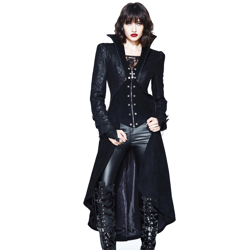 

Devil Fashion Punk Standing Collar Jacket With Printing Steampunk Women Gothic Retro Black Long Coats