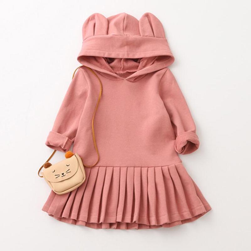

2019 Girls New Spring and Autumn Long Sleeve Sweaters Dress Children's Hoodie Shape Girls Clothes Pleated Dresses Cute Ear Hats, Pink