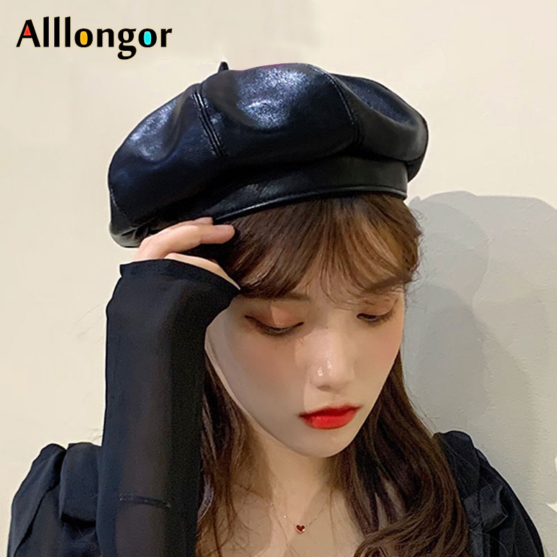 

New 2020 Spring Autumn french Leather Beret Hat Women Brimless Octagonal Cap beret femme Black baret boinas para mujer