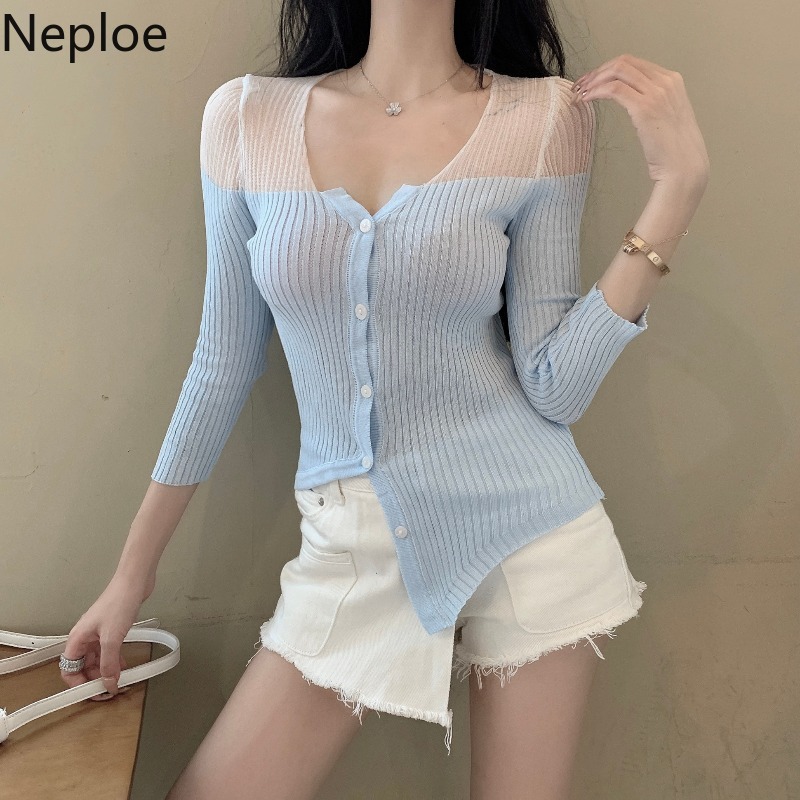 

Neploe Korean V-neck Long Sleeve Sweater Cardigan Jacket Mesh Patchwork Single Breasted V-neck Coat Slim Knitted Outwear 4D388, Blue