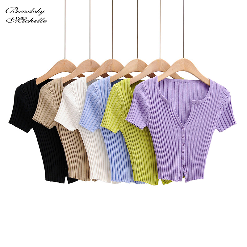 

BRADELY MICHELLE Women Fashion Streetwear Short-Sleeve Cardigans With Single Breasted Big elastic Knitted thin sweater Crop Tops, Black