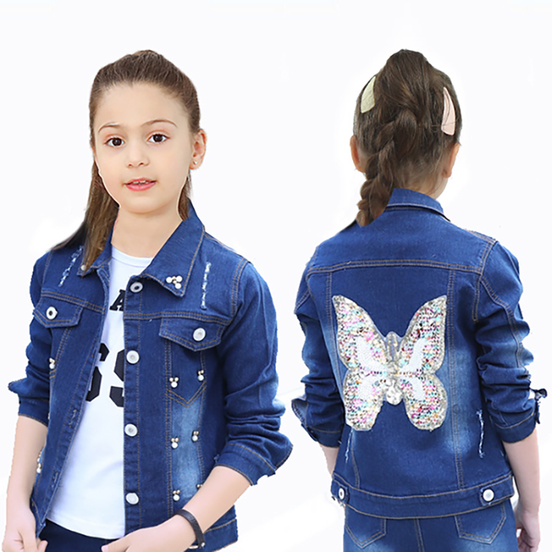 

Girl casual denim printed butterfly long sleeve lapel jacket jacket for baby spring and Autumn fashion design, As pic