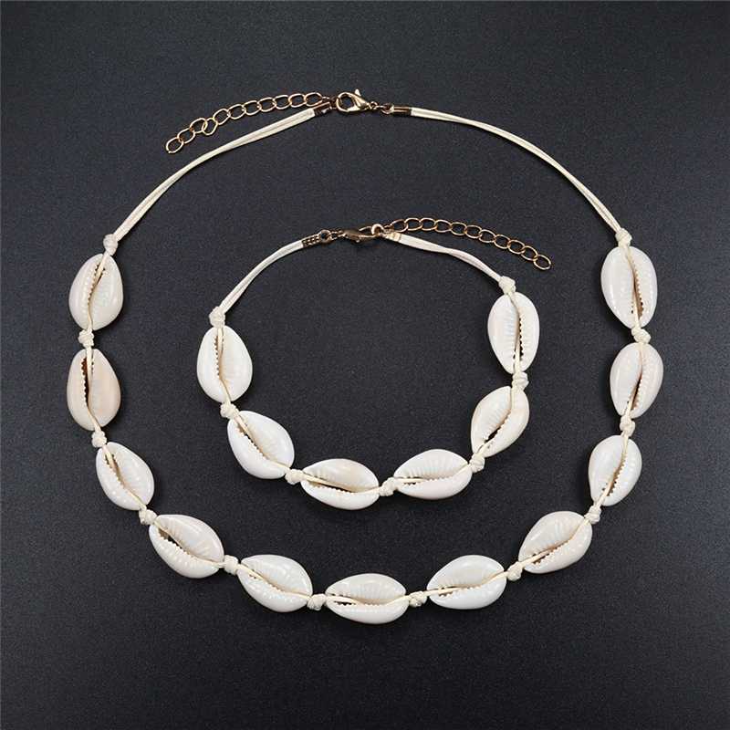 

Bohemian Natrual Shell Necklace Bracelet Set SeaShell Cowrie Summer Women Femme Choker Beach Foot Jewelry Girl Gifts Collar