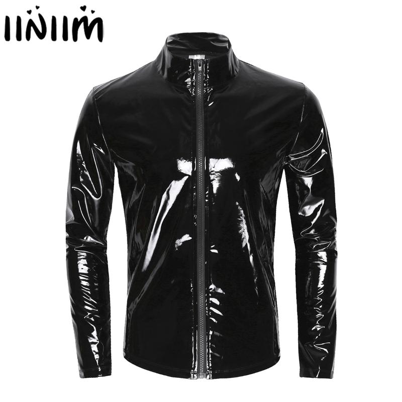 

Mens Metallic Latex T-shirt Coat Wet Look Clubwear PVC Leather Zipper Shirts Club Costume Male Streetwear Autumn Jacket Tops, As pic