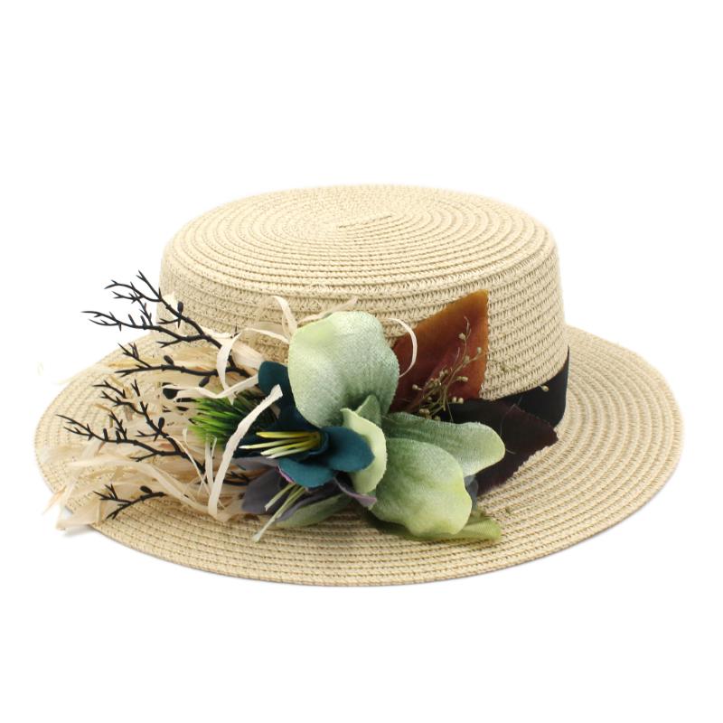 

Mistdawn Fashion Women's Ladies Boater Hat Straw Hat Summer Beach Sun Sailor Bowler Flat Top Cap w/ Flower Ribbon Size 7 1/8, Black