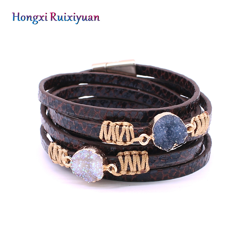 

Multilayer Ethnic Handmade PU Leather Bracelets for Women Magnet Clasp Natural Stone Charm Bracelet Christmas Gifts