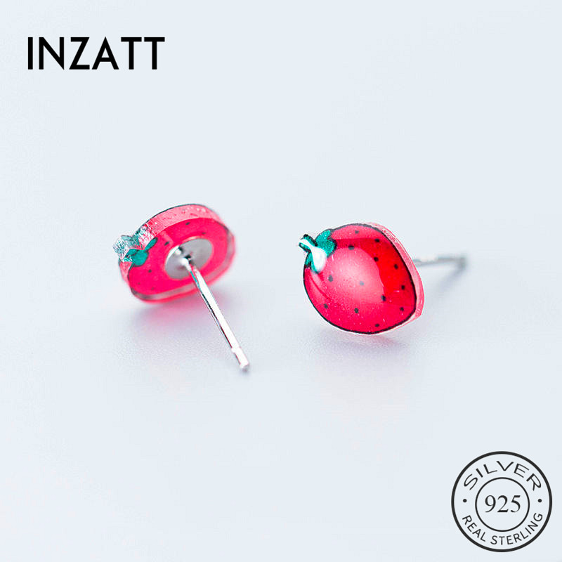 

INZAReal 925 Sterling Silver Fruit Strawberry Acrylic Stud Earrings For Fashion Woman Party Fine Jewelry Cute Accessories