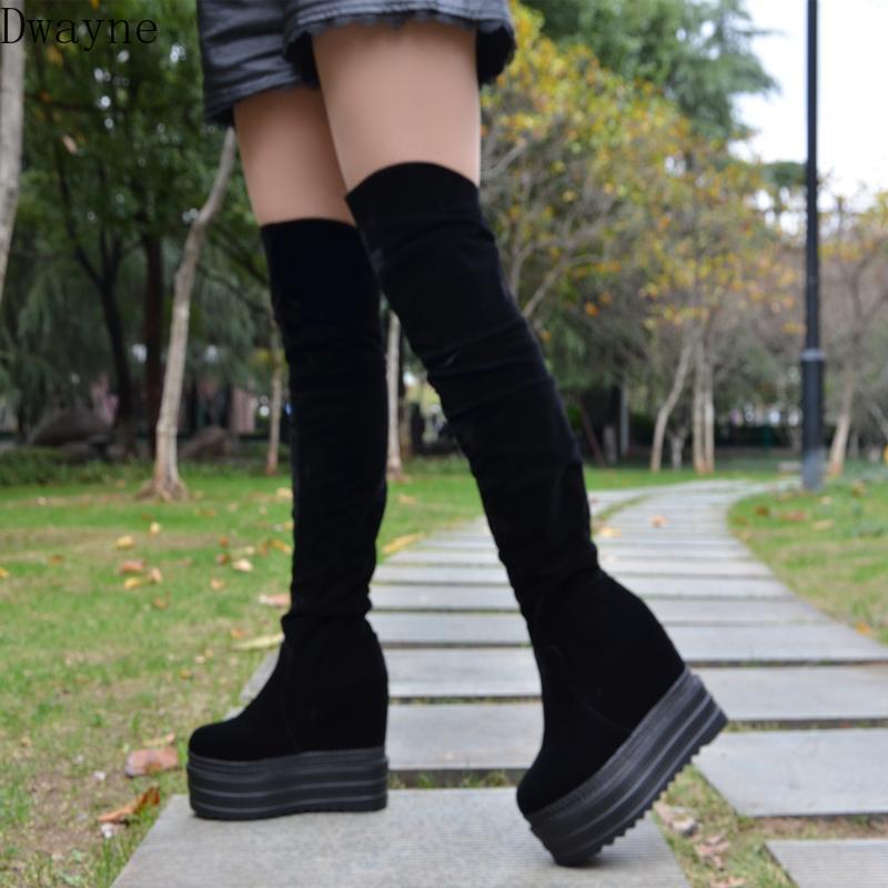 

2020 Winter New Within Increase Over-the-Knee Boots 13cm Super High Heel Long Boots Womens Suede Stretch Wedges High, Black