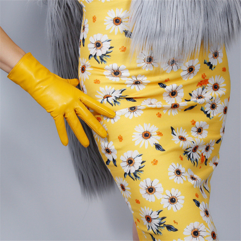 

Touch Screen Real Leather Gloves 25cm Short Pure Imported Goatskin Female Thin Plush Lined Ginger Yellow Bright Yellow WZP01