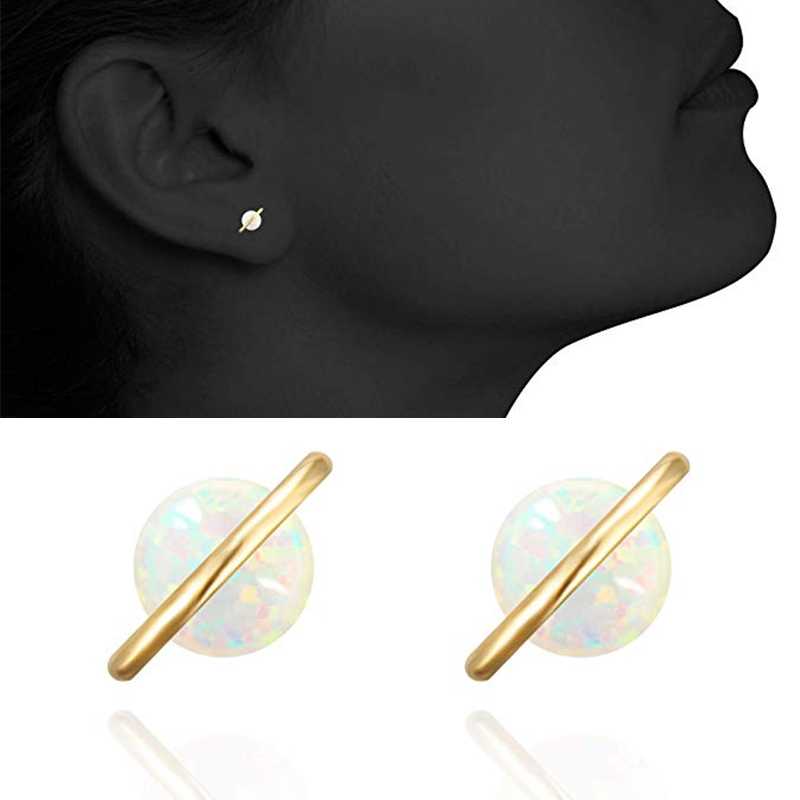 

junerain brand fashion white fire opal earrings for women gold color universe planet round stud earring korean japan style earings jewelry, Golden;silver