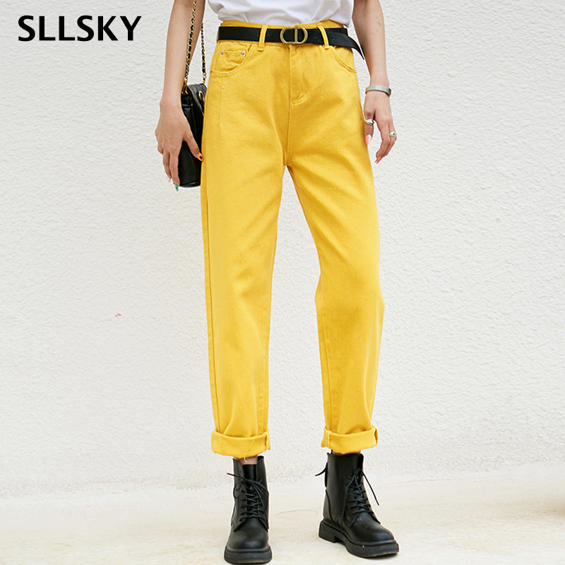 

SLLSKY Women Yellow Soild Jeans Pants High Waist Casual Female Harem Trousers Vintage Streetwear Office Lady Ankle-length Pants