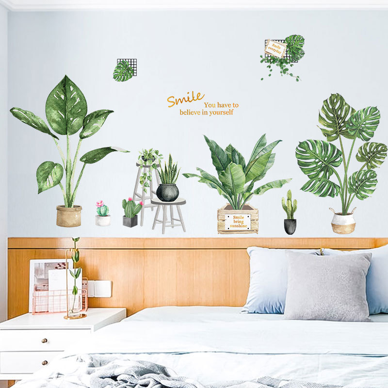 Creative large green leaf Wall stickers fresh potted plants home decor for bedroom Europe room decor smile wallpaper-image-585822122