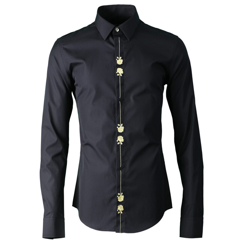 

Luxury Embroidery Shirt men Long Sleeve Turn-down collar Slim Casual Business Male Shirts Plus size 4XL Cotton Shirts For Man, Black