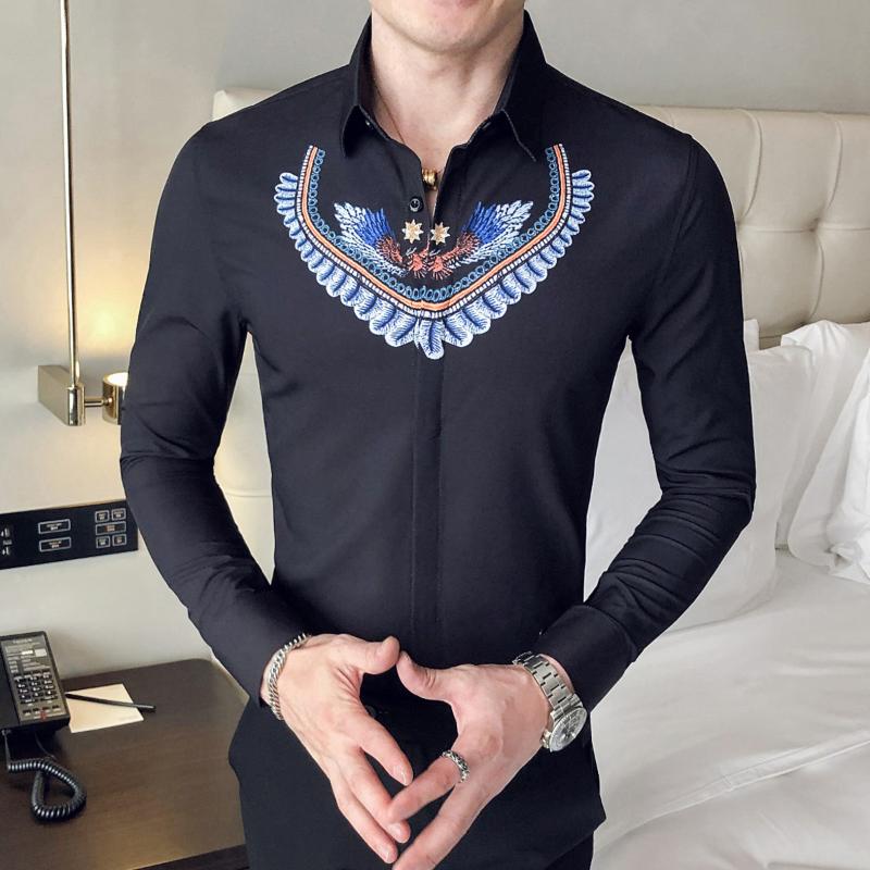 

Embroidery Men Shirt Casual Slim Fit Male Dress Shirt Luxury Retro Club Party Vintage Tuxedo Camisa Social Masculina, Black