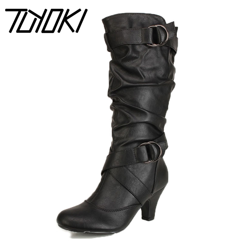 

Tuyoki Size 34-43 Fashion Mid Calf Boots Women Cross Strap Buckle Winter Shoes Women's Concise Slip On High Heels Boots, Black