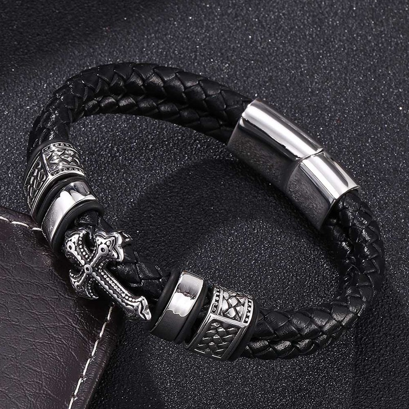 

Punk Men Jewelry Double Layer Braided Leather Bracelet Cross Prayer Stainless Steel Magnetic Clasp Fashion Bangles Jewelry S0075