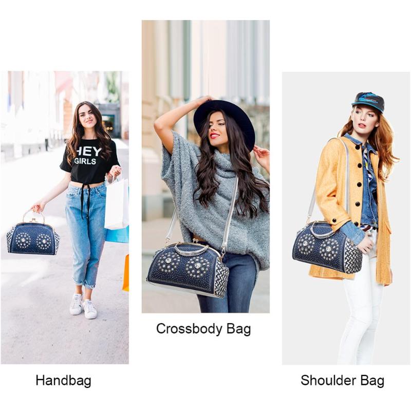 

2020 new women's bag woven diamond-studded denim bag women's portable messenger fashion clip rivet diamond, Blue