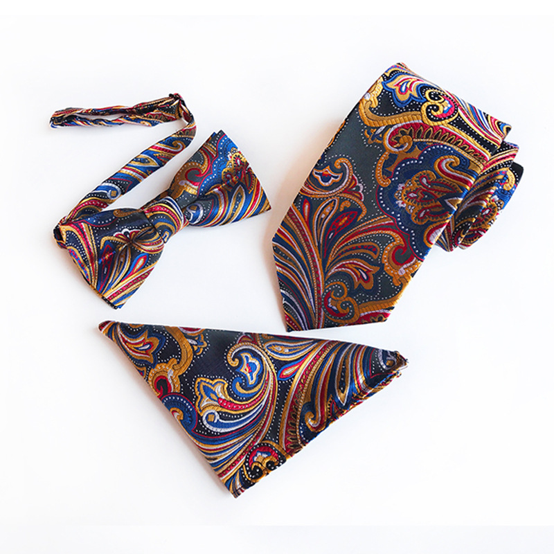 

Model design with polyester 8cm necktie bow tie and pocket square three-piece set for mens gifts