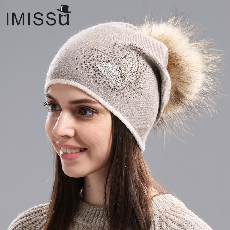 

IMISSU Women's Hats for Winter Knitted Wool Beanie Casual Hat with Real Raccoon Fur Pom Pom Solid Colors Ski Gorros Mask Cap, C05n