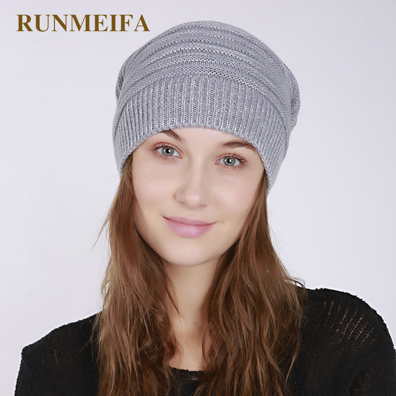 

RUNMEIFA 2020 Newest Woman Knitted Acrylic Striped Hat Skullies Winter Warm Beanies Cap For Women Bonnet Beanie Hat Female Hats, Black