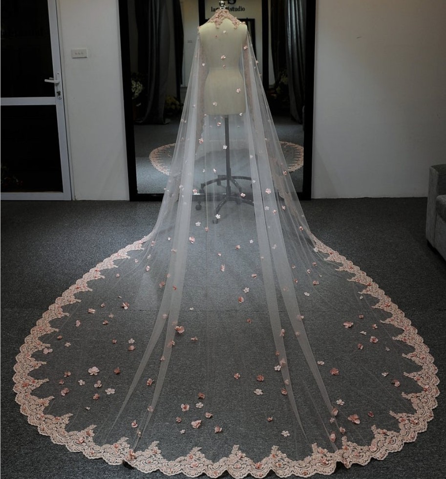 

Gorgeous Pink 400cm Wedding Veil with Lace Floral Appliques Vestido De Noiva Longo Custom Made Elegant Bridal Veil, Champagne