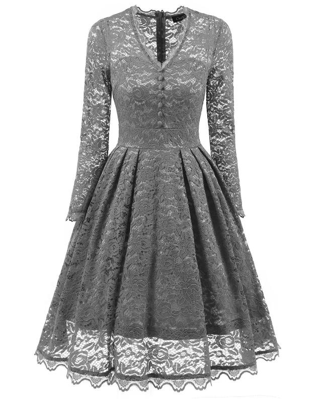 

BacklakeGirls 2020 V Neck Long Sleeve Cocktail Dress Knee Length Pleated Full Lace Embroidered Party Dress Vestido Coctel, Gray