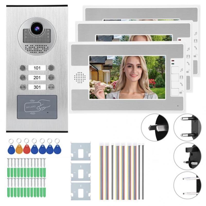 

7in 3 Monitors Video Doorbell Night Vision Visual Intercom Home Access System 100-240V