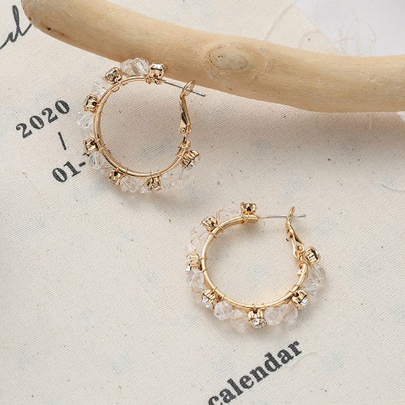 

2020 New Simple Cute Sweet Girl Crystal Circle Imitation Pearl Hand Woven hoop Earrings for Women Fashion Jewelry Accessories