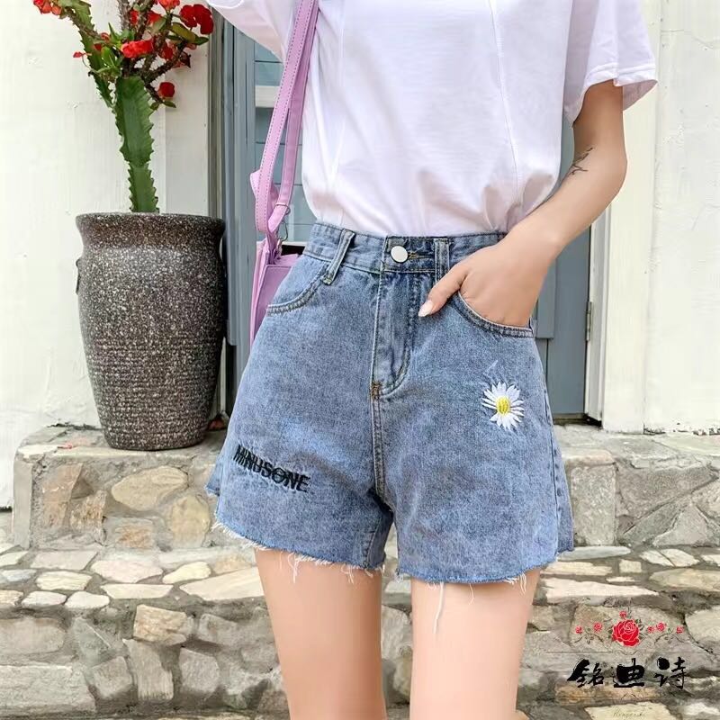 

Vintage High Waist Wide Leg Female fur-lined leg-openings Caual Summer Ladies Shorts Jeans For Women, T-shirt