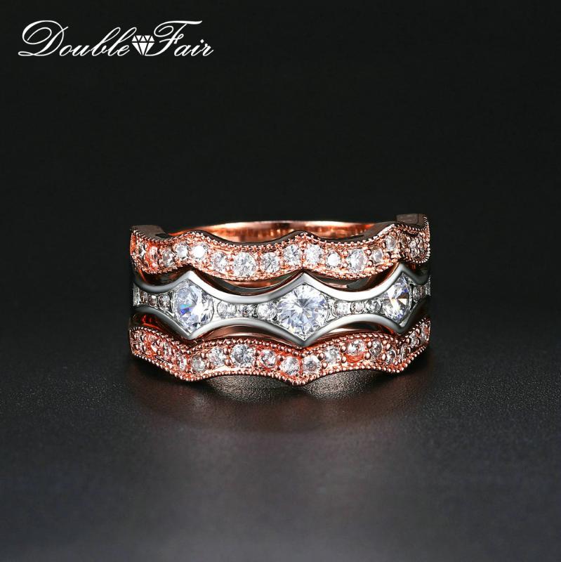 

Double Fair 3 Ring Set High Grade CZ Stone Wedding Rings For Women Crystal Women's Jewelry Rose Gold Color DFYG064